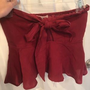 Maroon/ red babydoll tie front strapless top